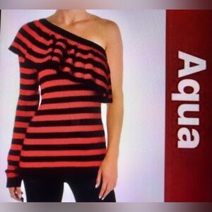 Aqua Black & Red Striped Off One Shoulder Sweater